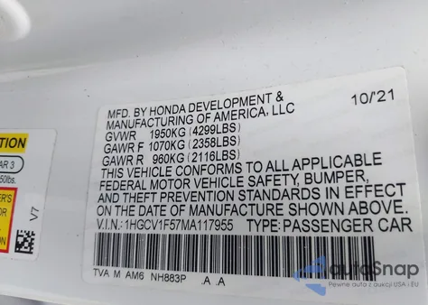 2021 Honda Accord Ex-L z USA, uszkodzony, nr VIN 1HGCV1F57MA117955